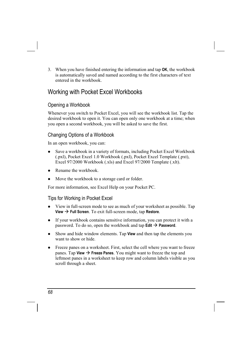 Working with pocket excel workbooks, Opening a workbook, Changing options of a workbook | Tips for working in pocket excel | Mio 168 User Manual | Page 78 / 119