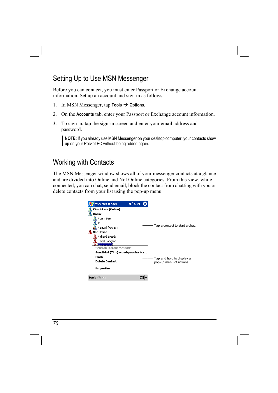 Setting up to use msn messenger, Working with contacts | Mio 168 User Manual | Page 80 / 119