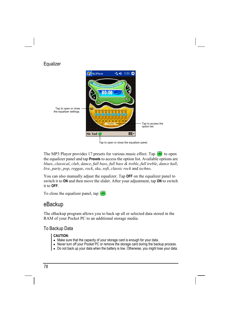 Ebackup, Equalizer | Mio 168 User Manual | Page 88 / 119