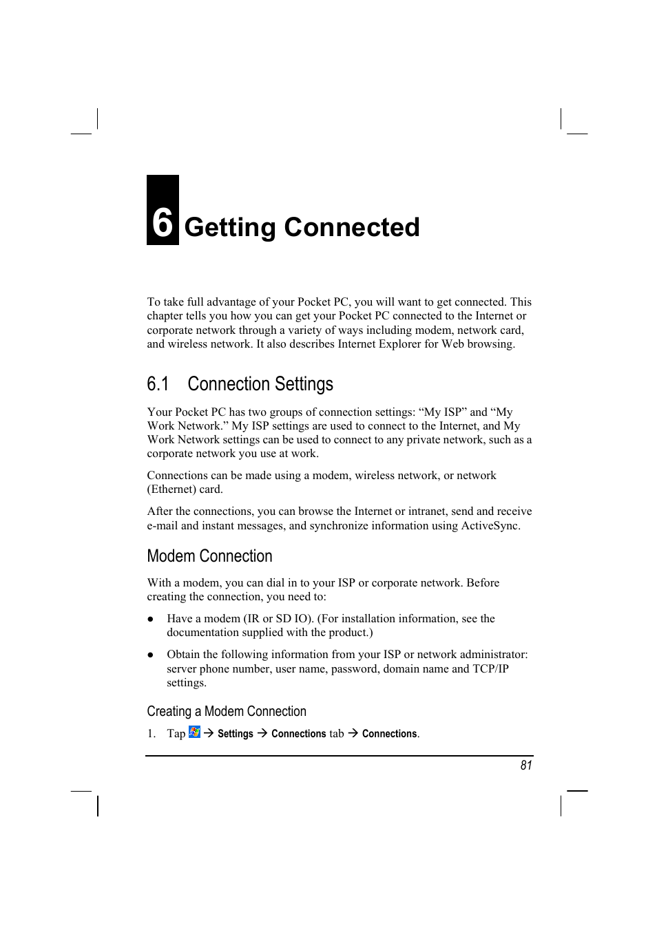 Getting connected, Connection settings, Modem connection | 6 getting connected, 1 connection settings | Mio 168 User Manual | Page 91 / 119