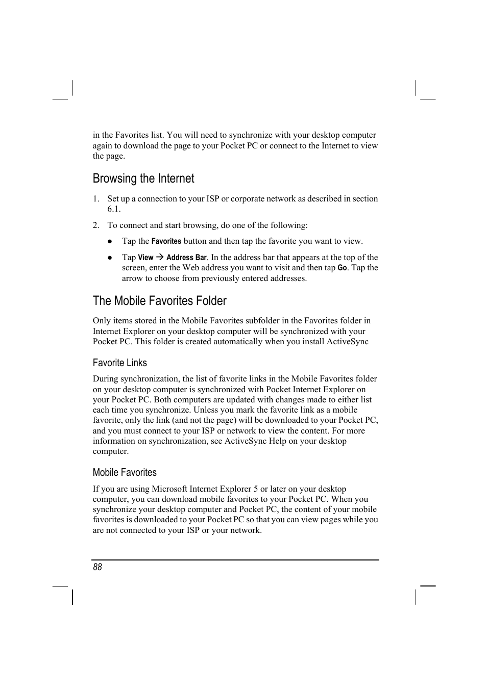 Browsing the internet, The mobile favorites folder | Mio 168 User Manual | Page 98 / 119