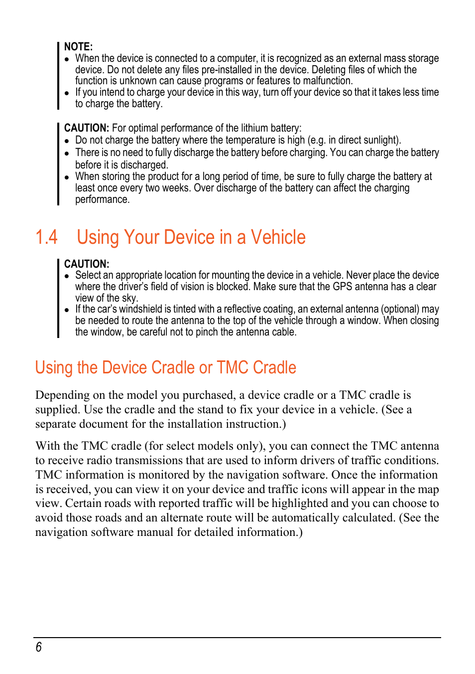 4 using your device in a vehicle, Using the device cradle or tmc cradle, Using your device in a vehicle | Mio Digi Walker C620t User Manual | Page 12 / 37