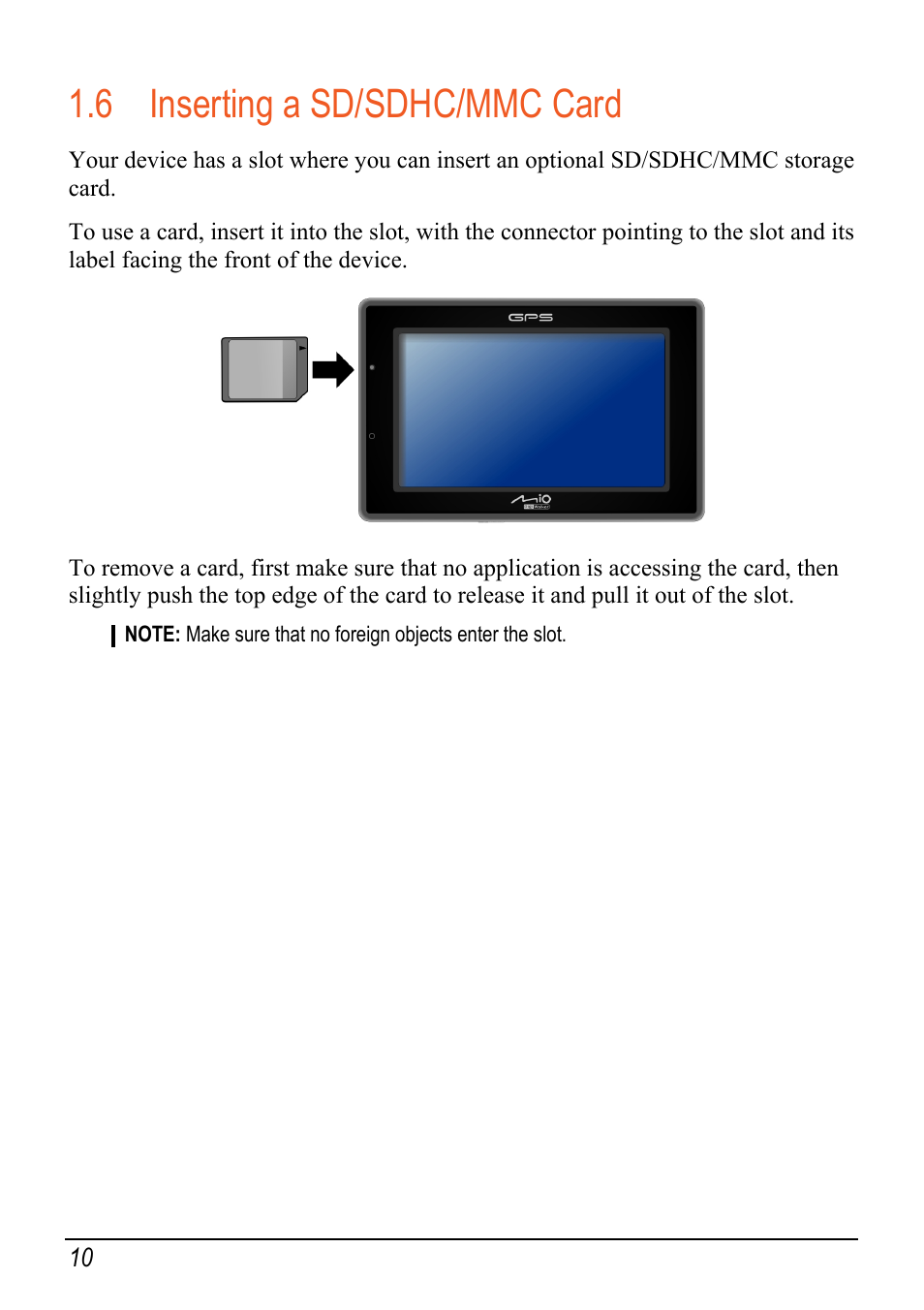 6 inserting a sd/sdhc/mmc card, Inserting a sd/sdhc/mmc card | Mio Digi Walker C620t User Manual | Page 16 / 37