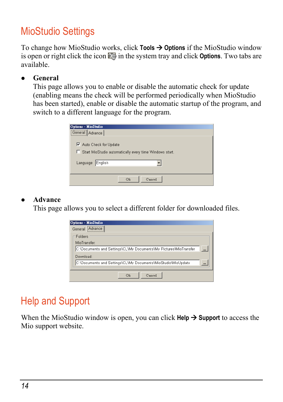 Miostudio settings, Help and support | Mio Digi Walker C620t User Manual | Page 20 / 37