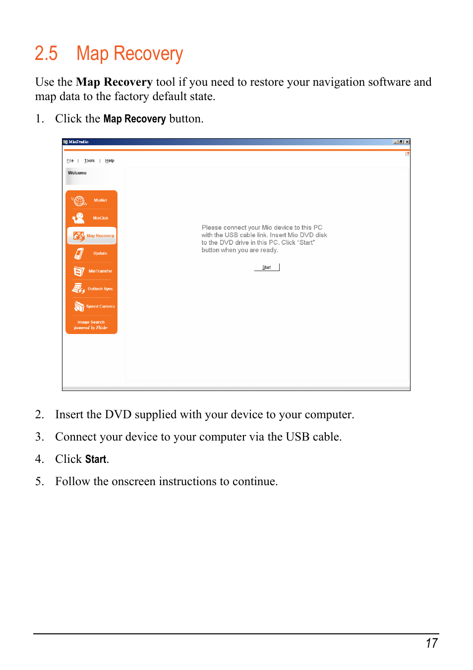 5 map recovery, Map recovery | Mio Digi Walker C620t User Manual | Page 23 / 37