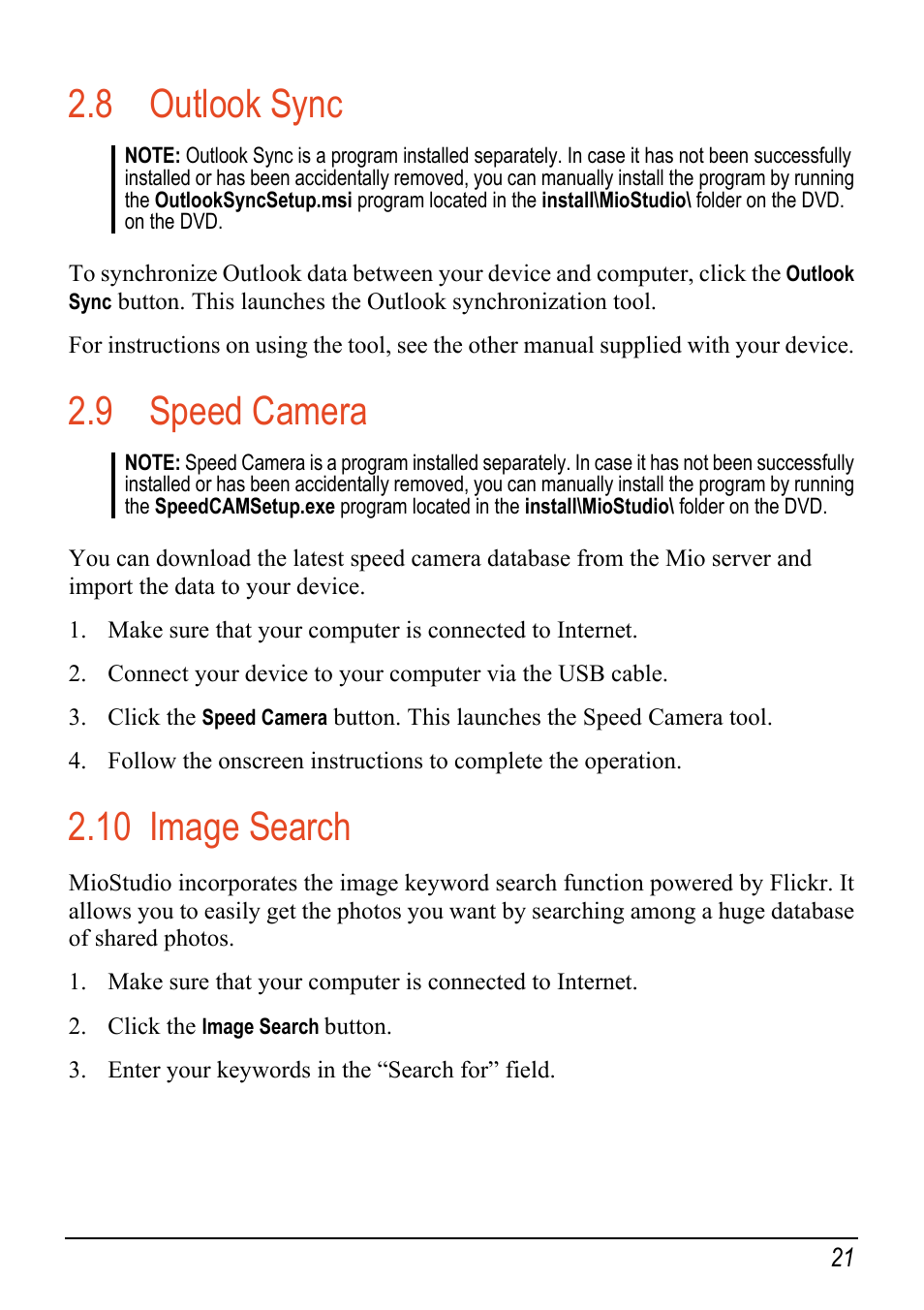 8 outlook sync, 9 speed camera, 10 image search | Outlook sync, Speed camera, Image search | Mio Digi Walker C620t User Manual | Page 27 / 37