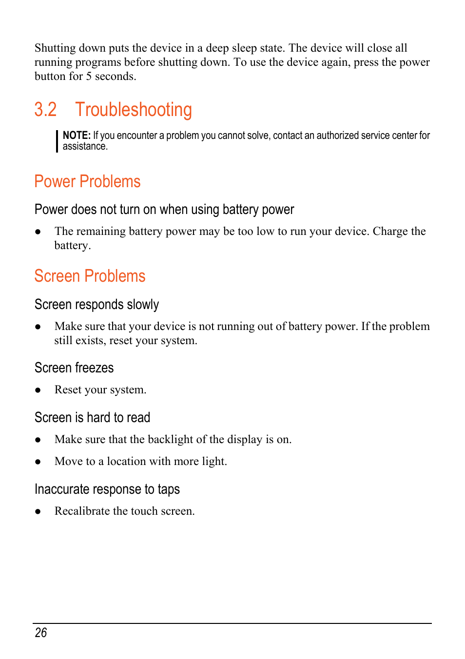 2 troubleshooting, Power problems, Screen problems | Troubleshooting, Power does not turn on, When using battery power, Slowly, Screen is hard to read, Screen responds, Screen freezes | Mio Digi Walker C620t User Manual | Page 32 / 37