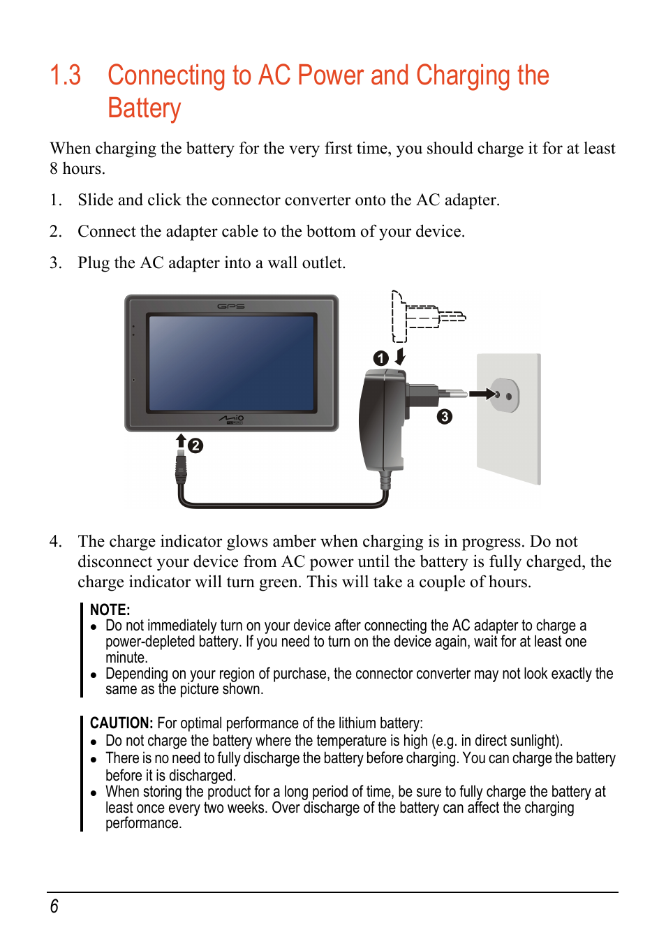 3 connecting to ac power and charging the battery, Connecting to ac power and charging the battery | Mio C520 User Manual | Page 14 / 97