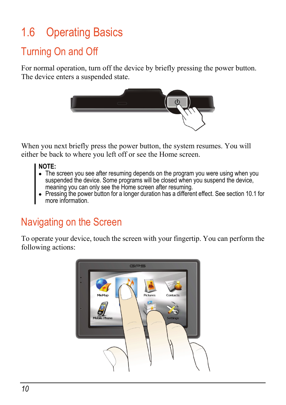 6 operating basics, Turning on and off, Navigating on the screen | Operating basics | Mio C520 User Manual | Page 18 / 97