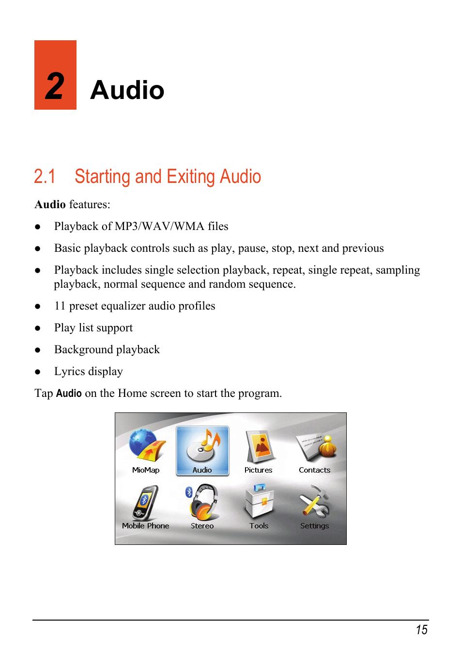 2 audio, 1 starting and exiting audio, Audio | Starting and exiting audio | Mio C520 User Manual | Page 23 / 97