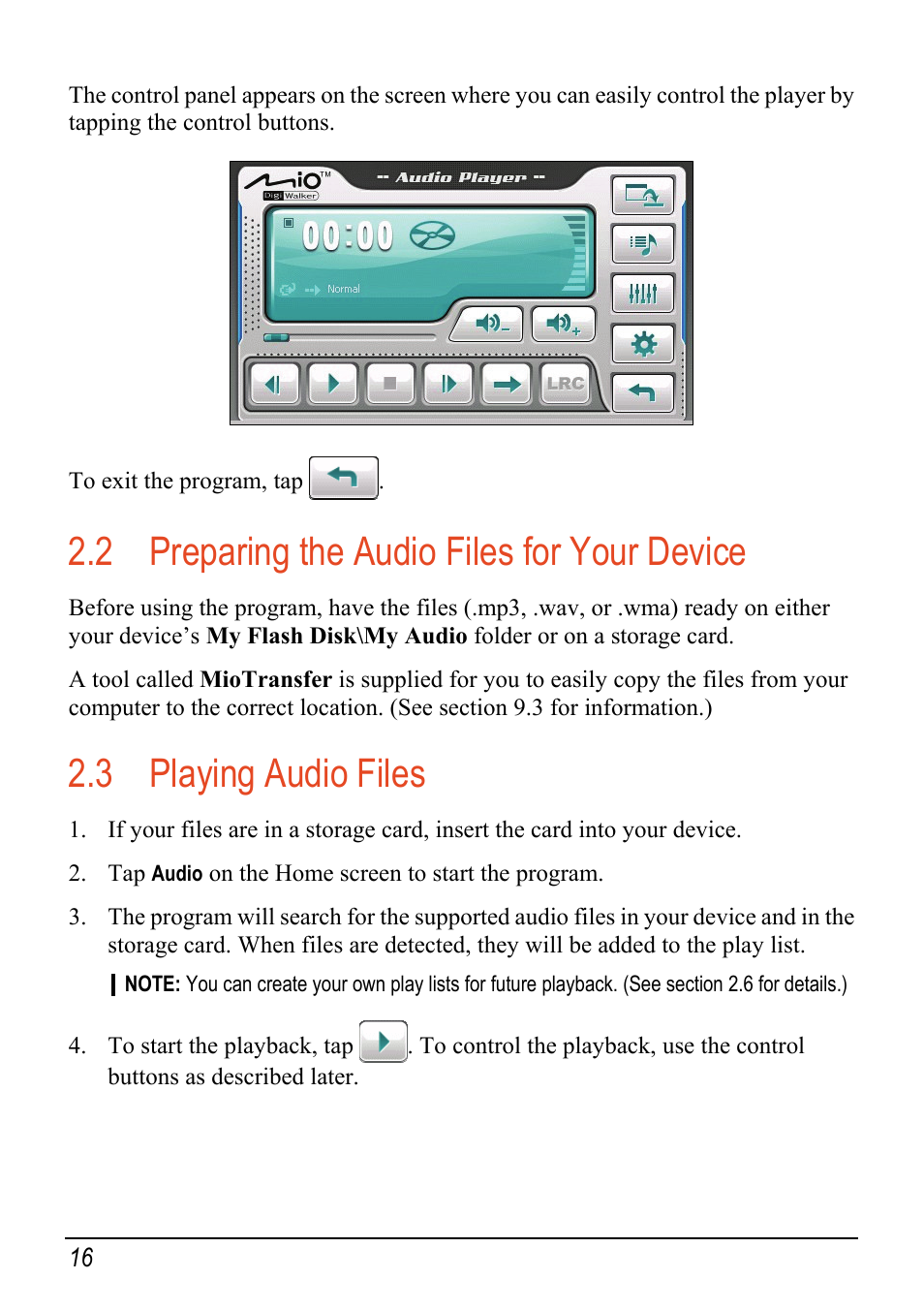 2 preparing the audio files for your device, 3 playing audio files, Preparing the audio files for your device | Playing audio files | Mio C520 User Manual | Page 24 / 97
