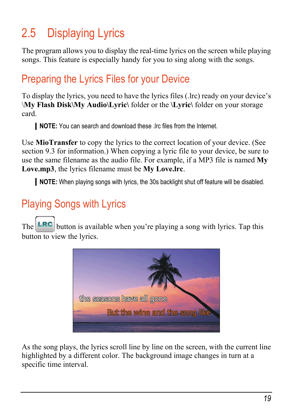 5 displaying lyrics, Preparing the lyrics files for your device, Playing songs with lyrics | Displaying lyrics | Mio C520 User Manual | Page 27 / 97