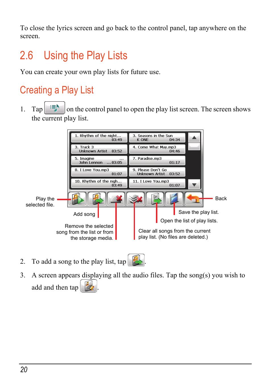 6 using the play lists, Creating a play list, Using the play lists | Mio C520 User Manual | Page 28 / 97