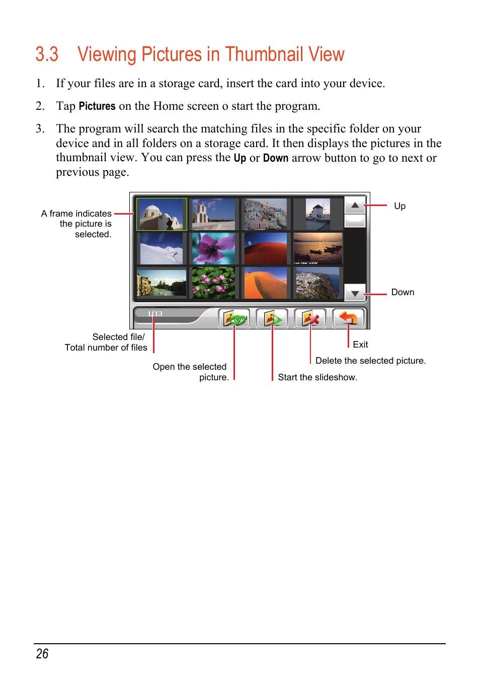 3 viewing pictures in thumbnail view, Viewing pictures in thumbnail view | Mio C520 User Manual | Page 34 / 97