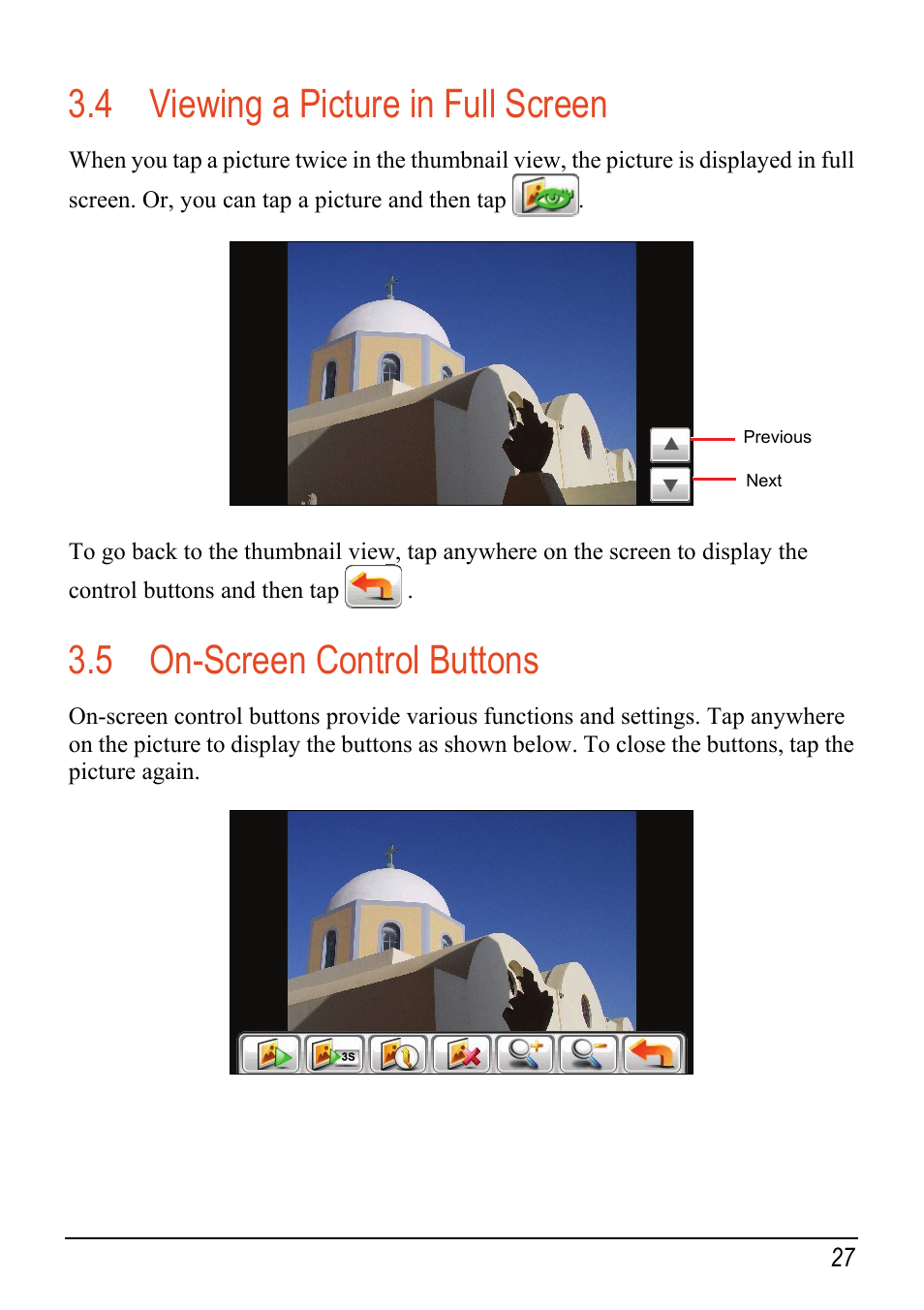 4 viewing a picture in full screen, 5 on-screen control buttons, Viewing a picture in full screen | On-screen control buttons | Mio C520 User Manual | Page 35 / 97