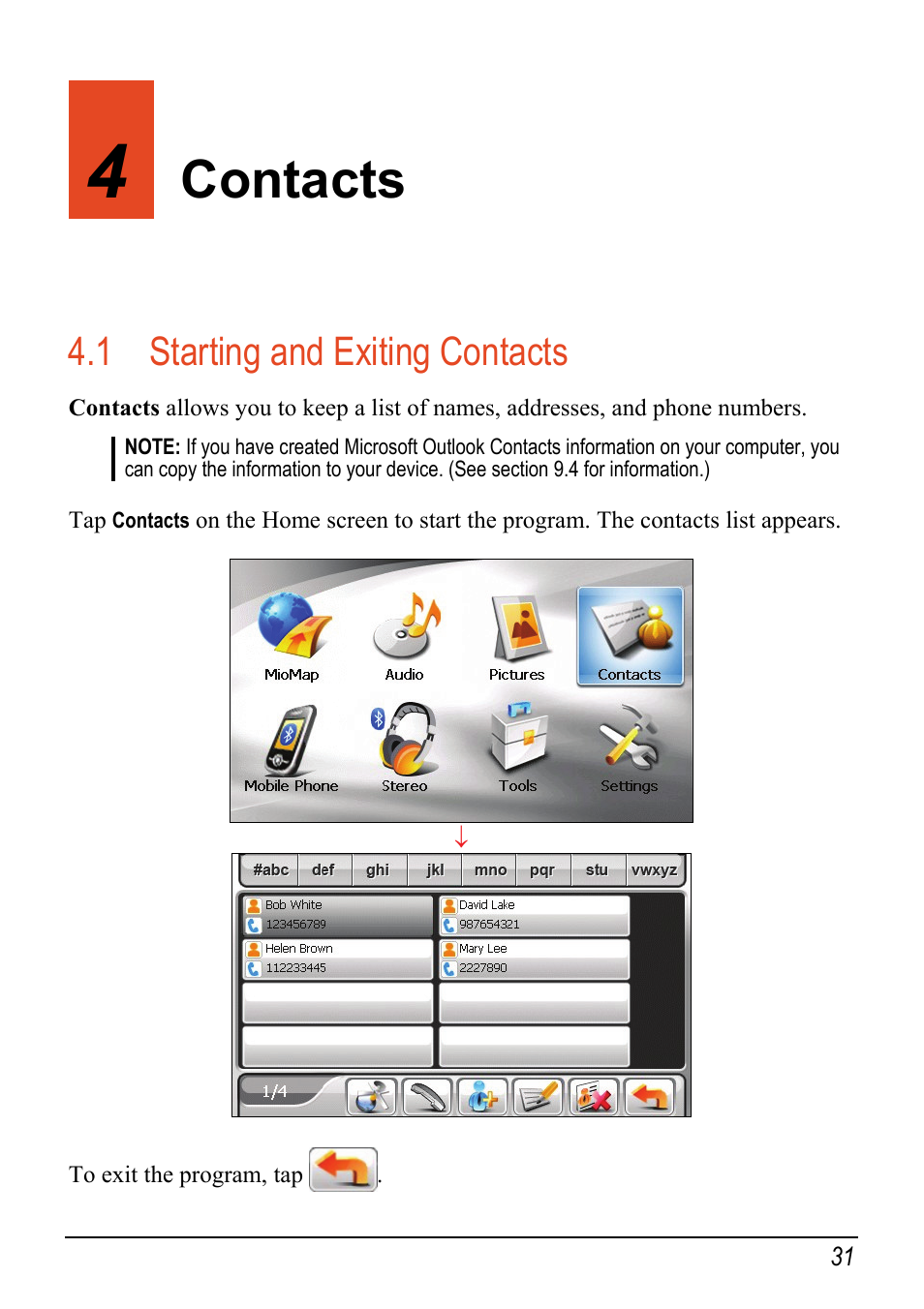 4 contacts, 1 starting and exiting contacts, Contacts | Starting and exiting contacts | Mio C520 User Manual | Page 39 / 97