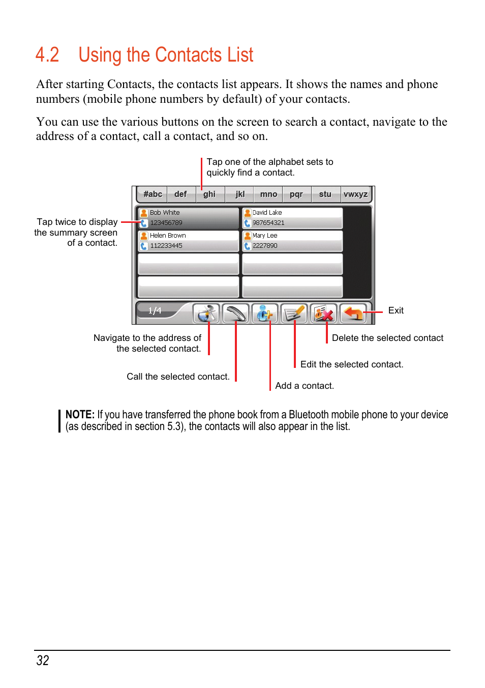 2 using the contacts list, Using the contacts list | Mio C520 User Manual | Page 40 / 97