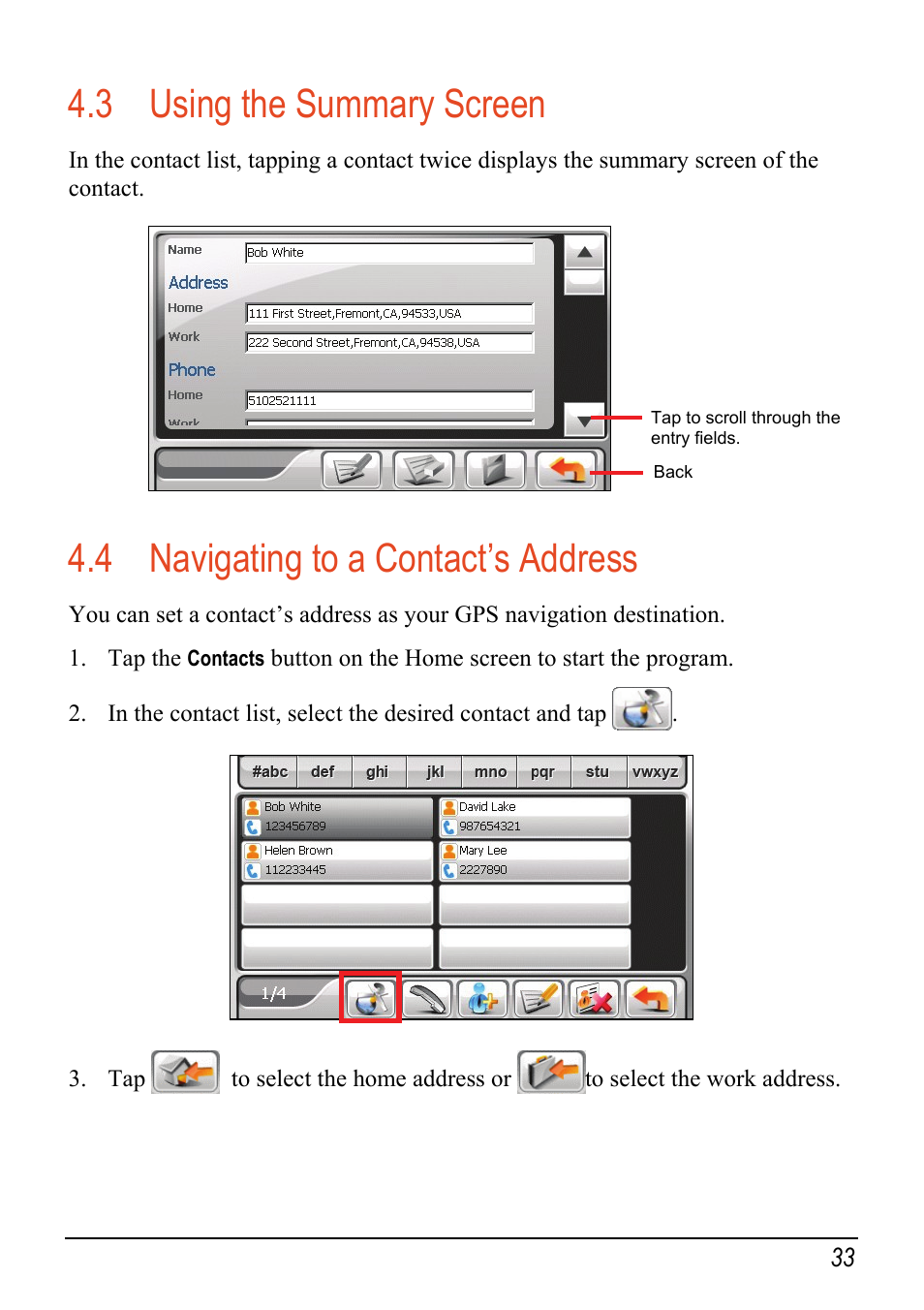 3 using the summary screen, 4 navigating to a contact’s address, Using the summary screen | Navigating to a contact’s address | Mio C520 User Manual | Page 41 / 97