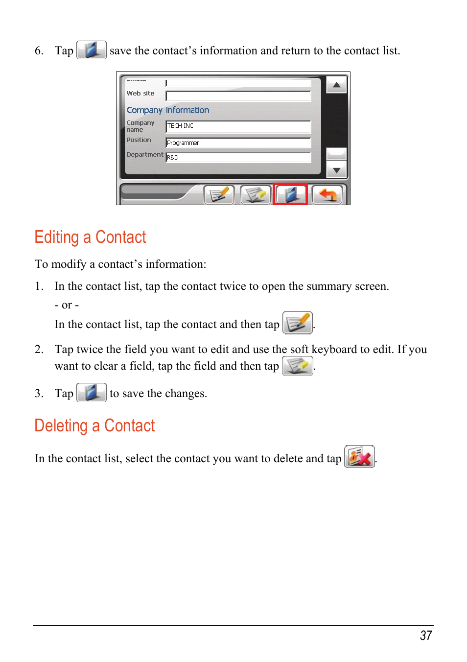 Editing a contact, Deleting a contact | Mio C520 User Manual | Page 45 / 97