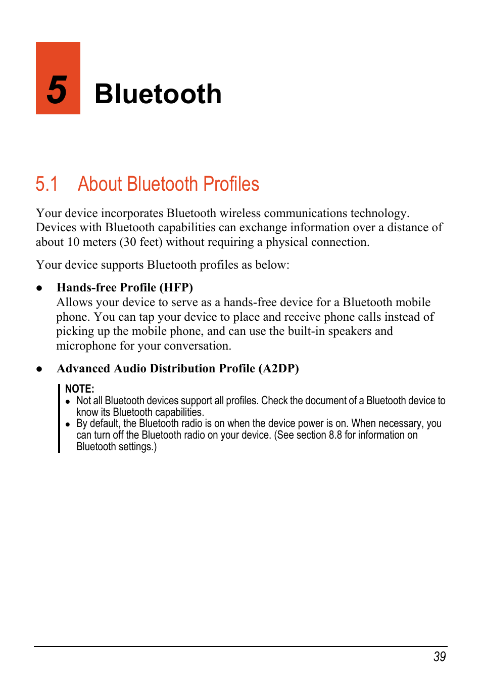 5 bluetooth, 1 about bluetooth profiles, Bluetooth | About bluetooth profiles | Mio C520 User Manual | Page 47 / 97