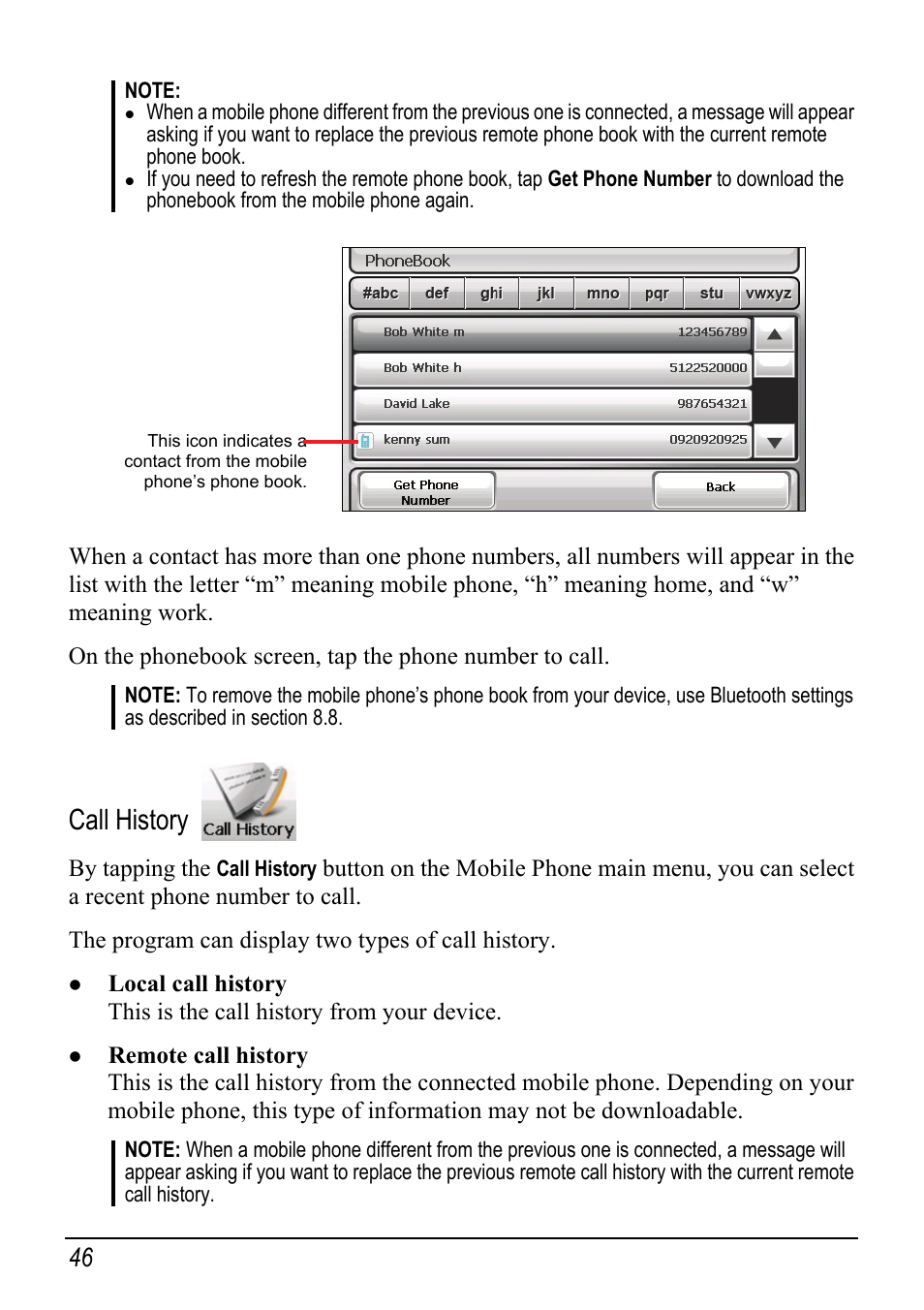 Call history | Mio C520 User Manual | Page 54 / 97