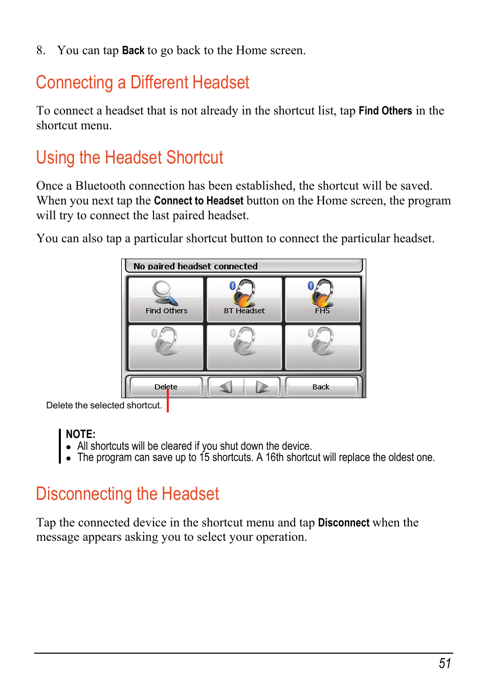 Connecting a different headset, Using the headset shortcut, Disconnecting the headset | Mio C520 User Manual | Page 59 / 97