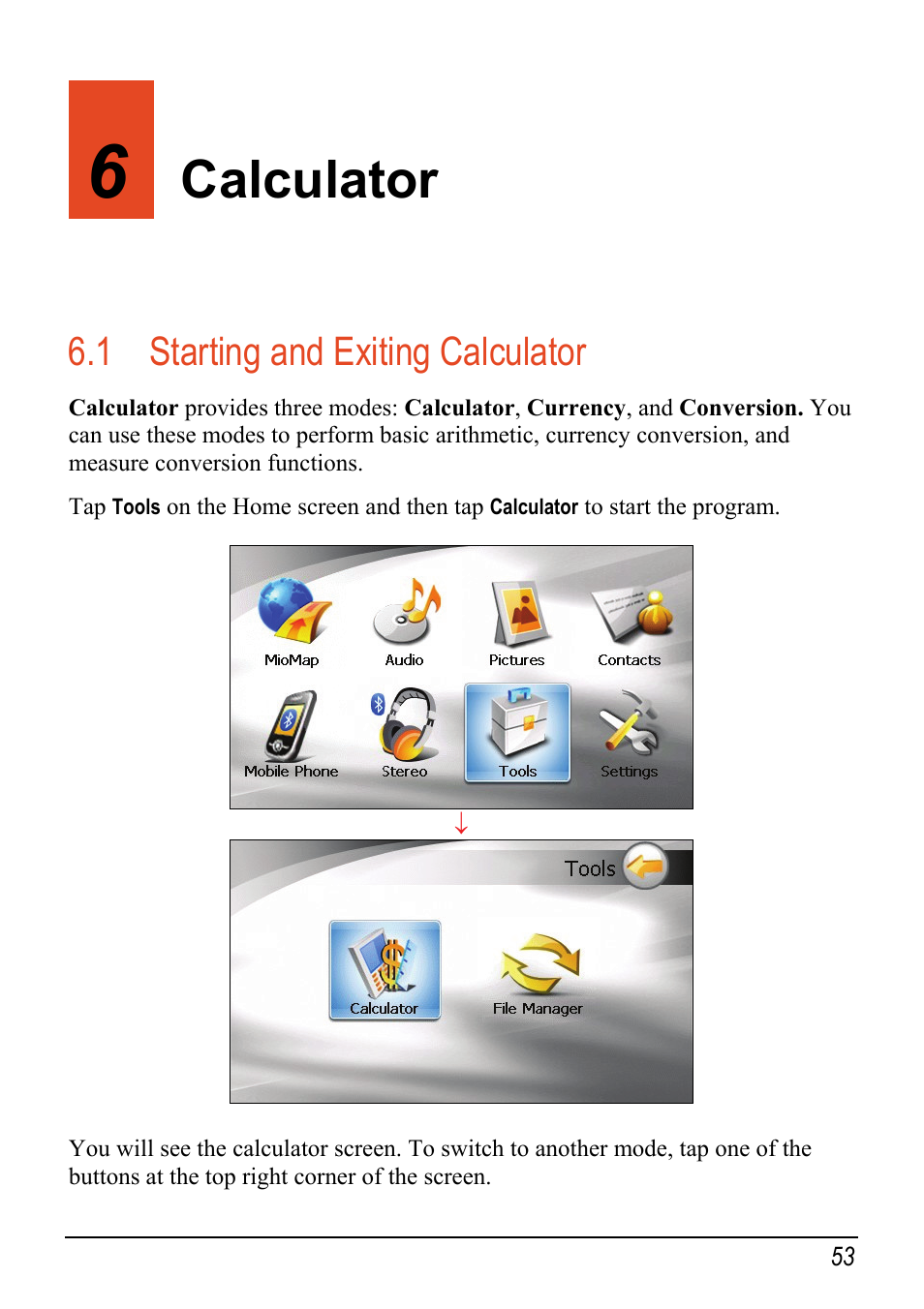 6 calculator, 1 starting and exiting calculator, Calculator | Starting and exiting calculator | Mio C520 User Manual | Page 61 / 97