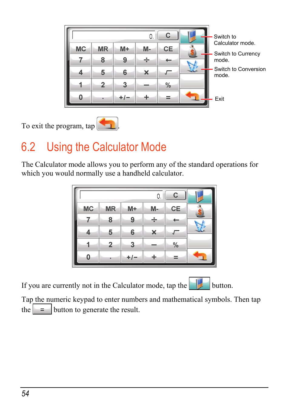 2 using the calculator mode, Using the calculator mode | Mio C520 User Manual | Page 62 / 97