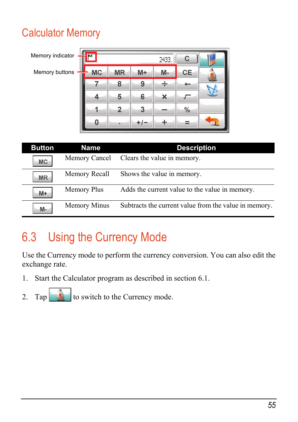 Calculator memory, 3 using the currency mode, Using the currency mode | Mio C520 User Manual | Page 63 / 97