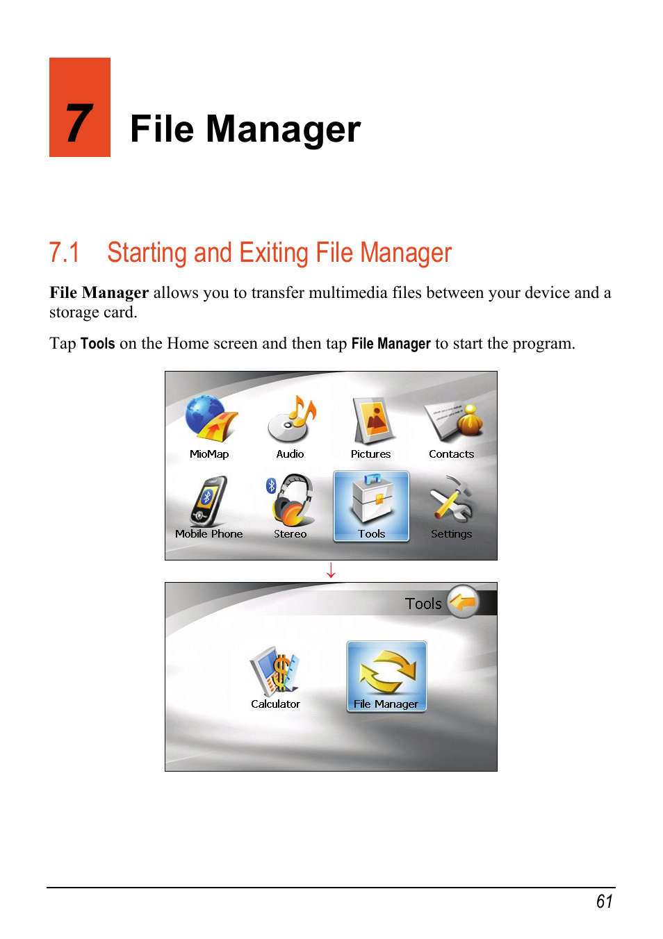 7 file manager, 1 starting and exiting file manager, File manager | Starting and exiting file manager | Mio C520 User Manual | Page 69 / 97