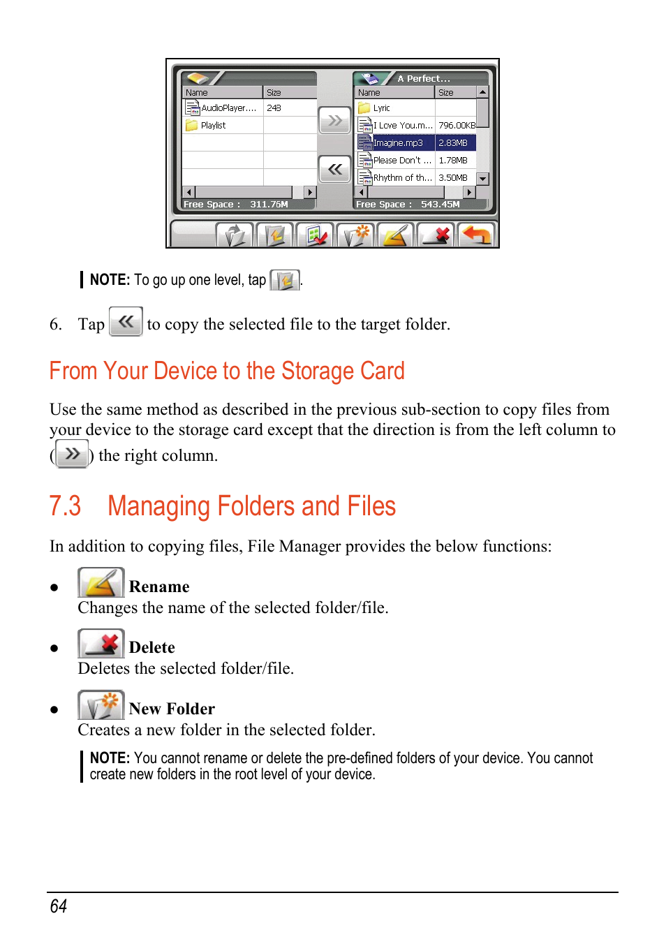 From your device to the storage card, 3 managing folders and files, Managing folders and files | Mio C520 User Manual | Page 72 / 97
