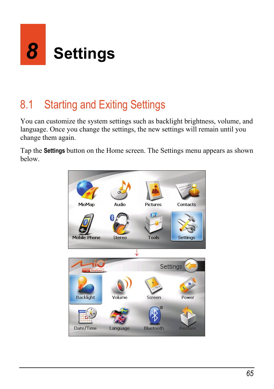 8 settings, 1 starting and exiting settings, Settings | Starting and exiting settings | Mio C520 User Manual | Page 73 / 97