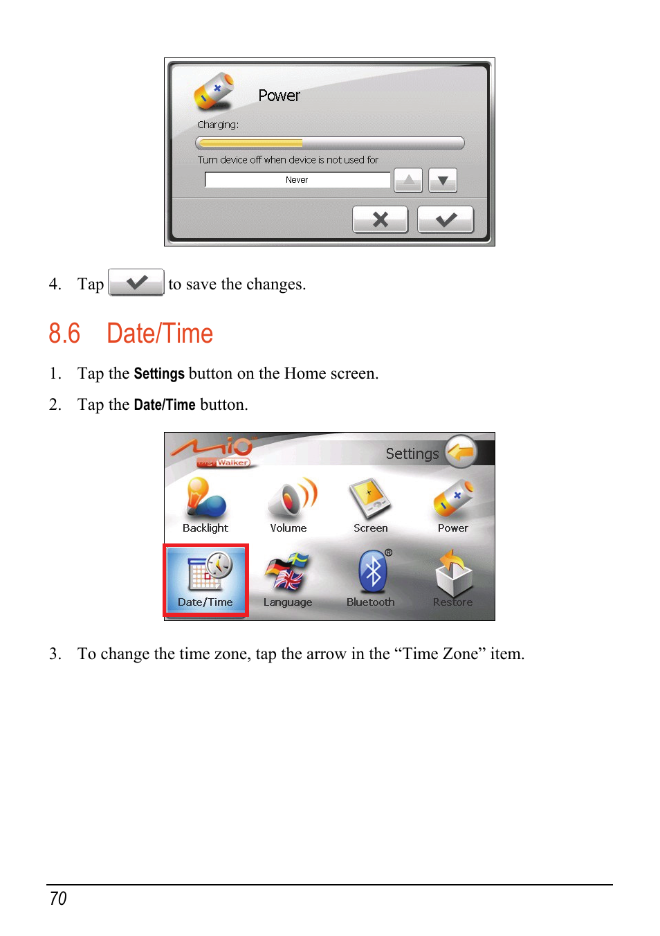 6 date/time, Date/time | Mio C520 User Manual | Page 78 / 97