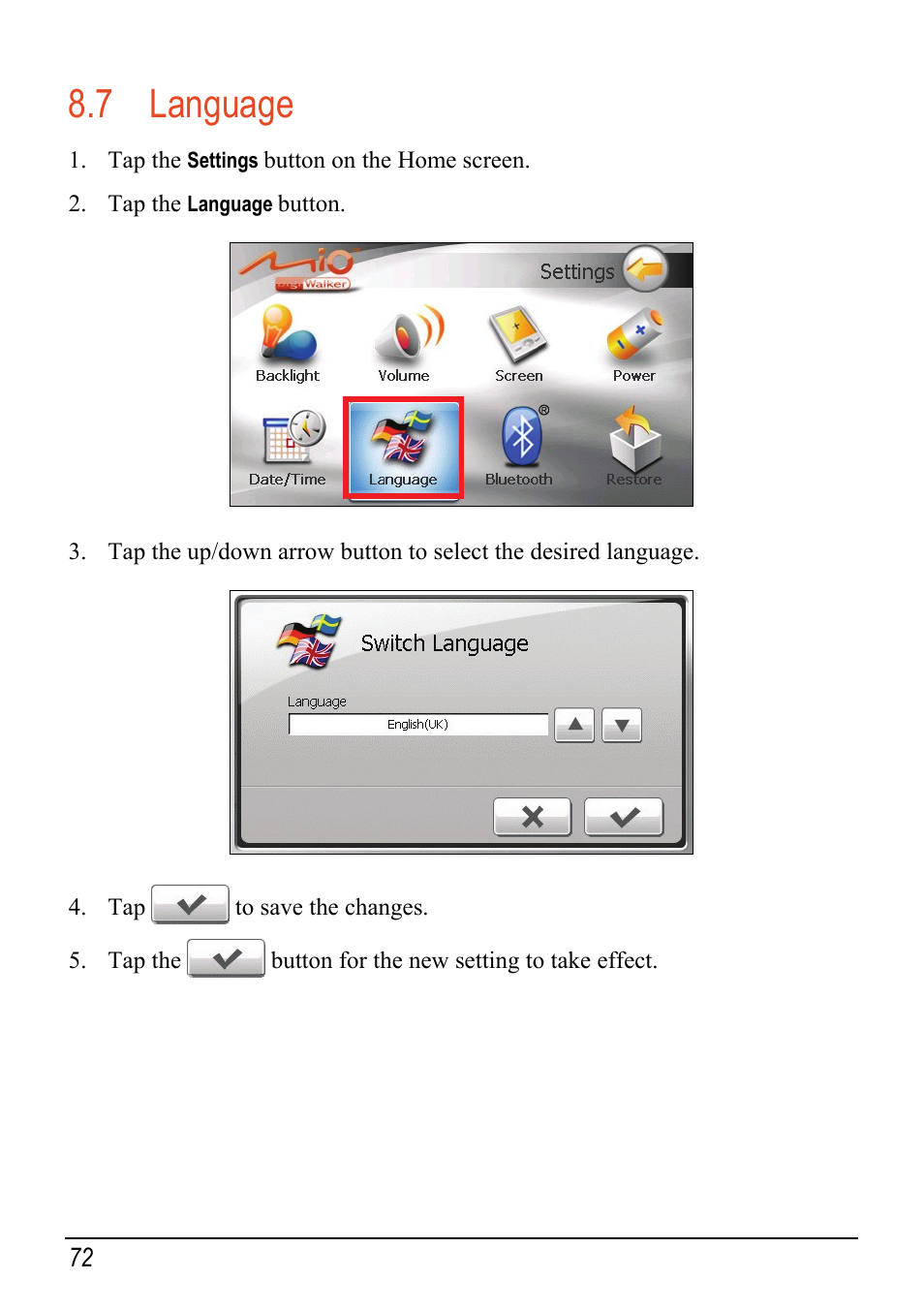7 language, Language | Mio C520 User Manual | Page 80 / 97