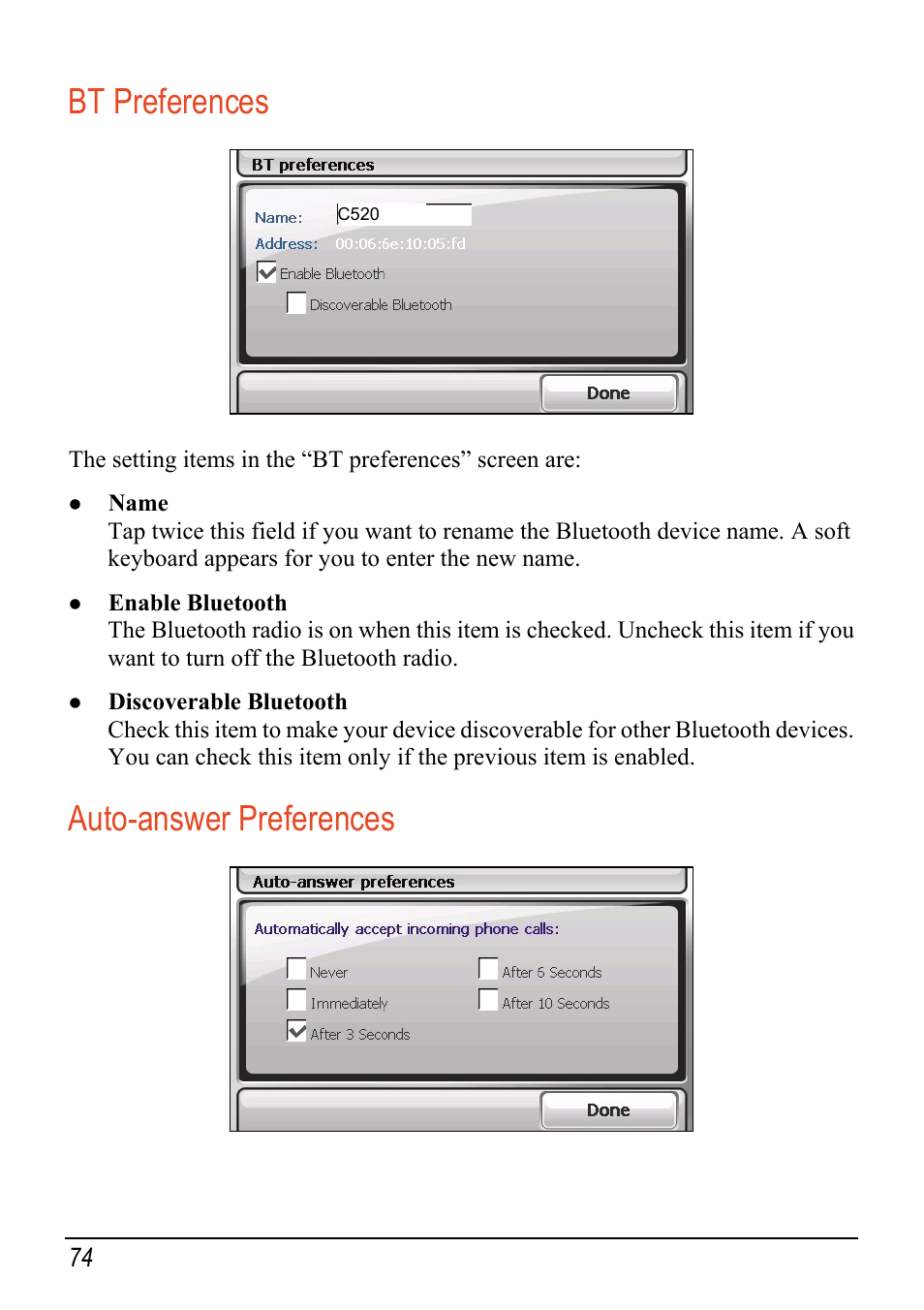 Bt preferences, Auto-answer preferences | Mio C520 User Manual | Page 82 / 97