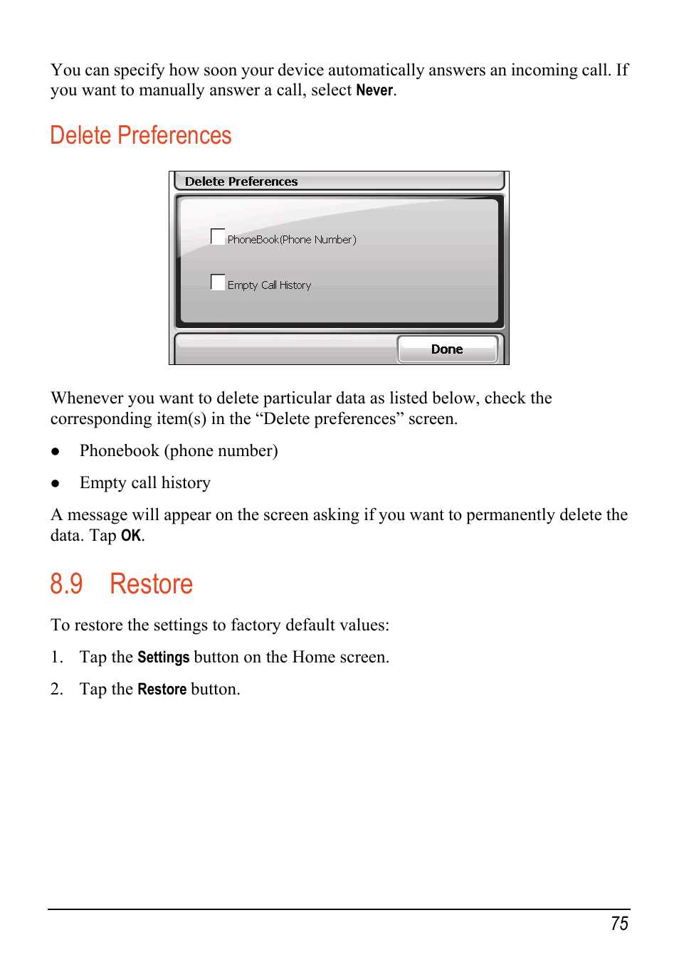 Delete preferences, 9 restore, Restore | Mio C520 User Manual | Page 83 / 97