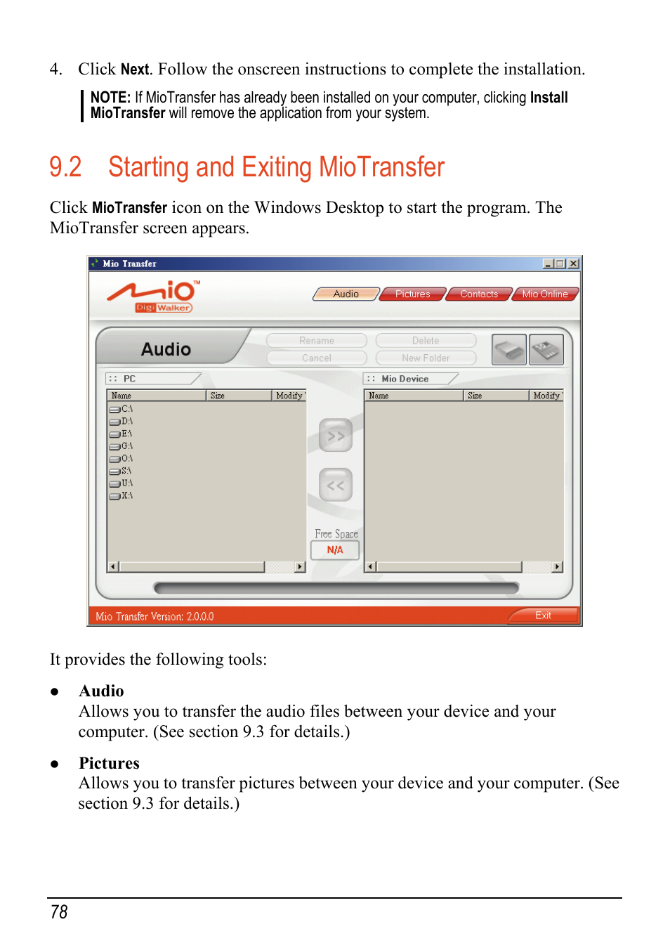 2 starting and exiting miotransfer, Starting and exiting miotransfer | Mio C520 User Manual | Page 86 / 97