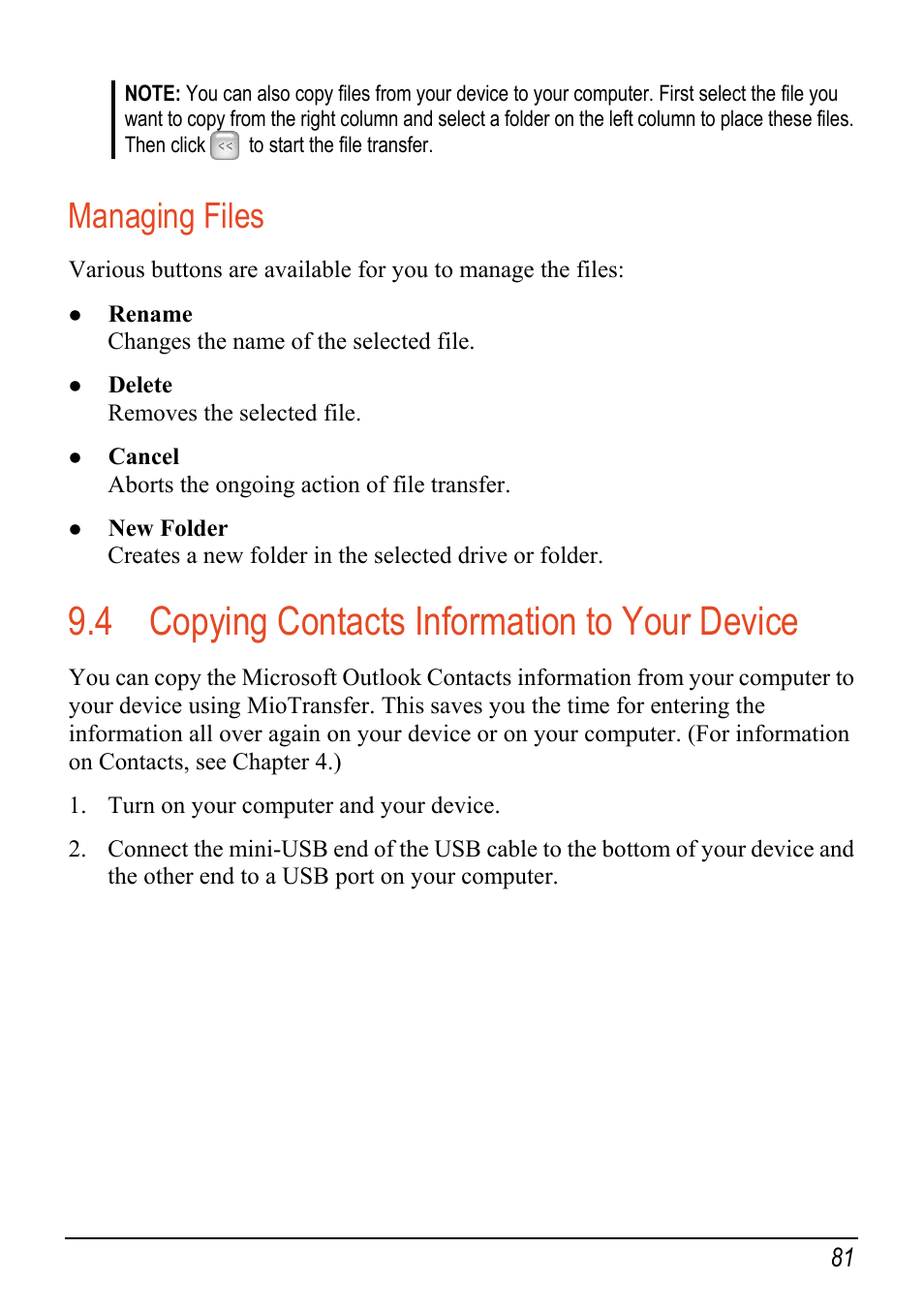 Managing files, 4 copying contacts information to your device, Copying contacts information to your device | Mio C520 User Manual | Page 89 / 97