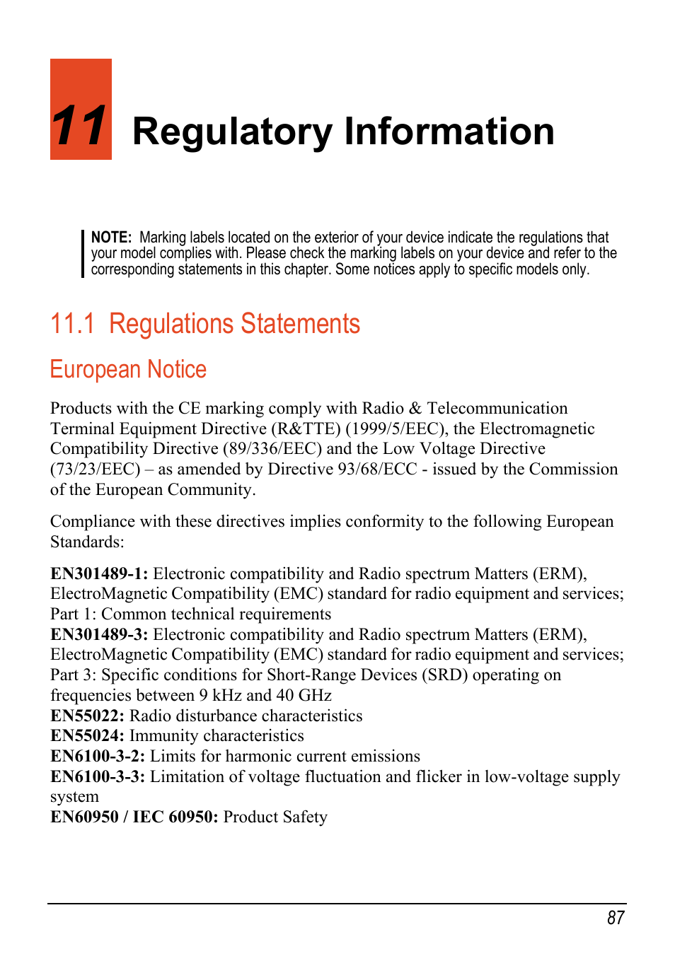 11 regulatory information, 1 regulations statements, European notice | Regulatory information, Regulations statements | Mio C520 User Manual | Page 95 / 97