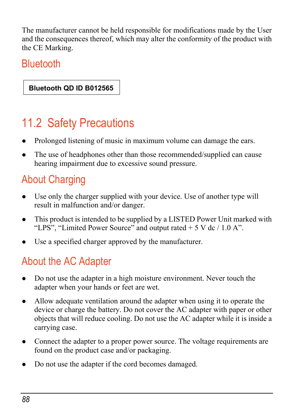 Bluetooth, 2 safety precautions, About charging | About the ac adapter, Safety precautions | Mio C520 User Manual | Page 96 / 97