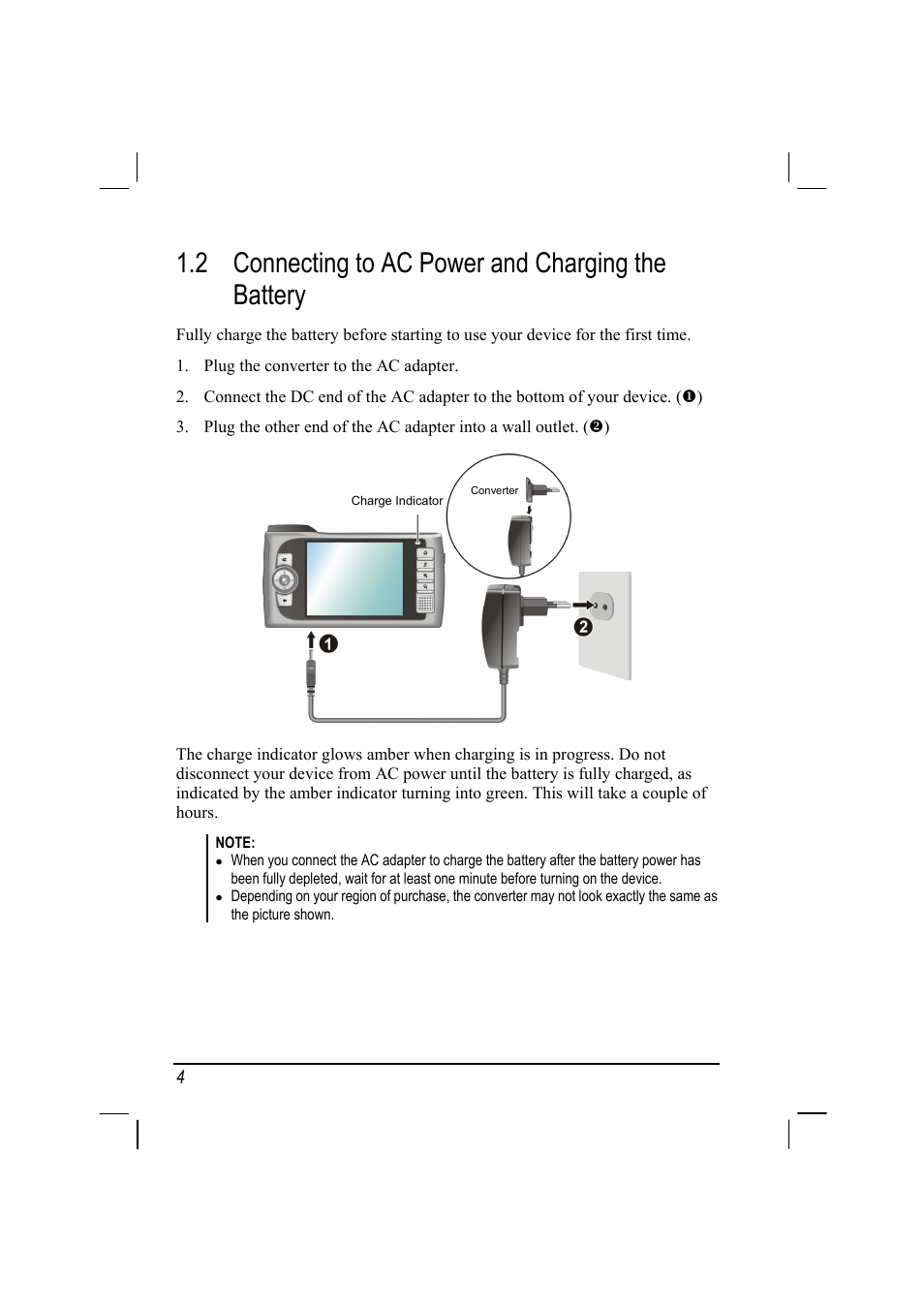 Connecting to ac power and charging the battery, 2 connecting to ac power and charging the battery | Mio 268 User Manual | Page 12 / 64