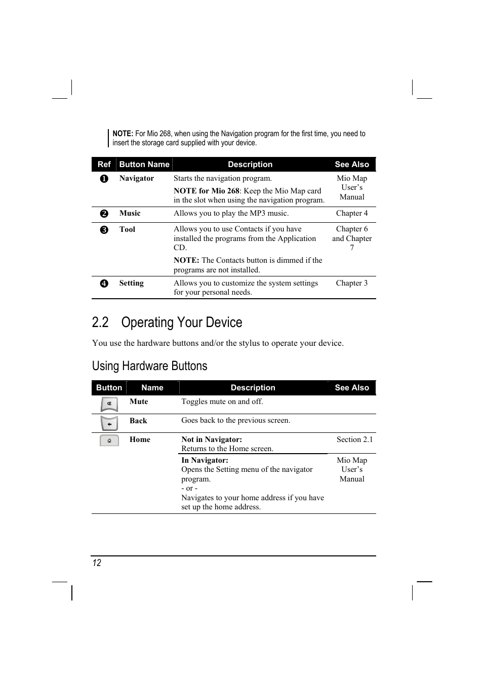 Operating your device, Using hardware buttons, 2 operating your device | Mio 268 User Manual | Page 20 / 64