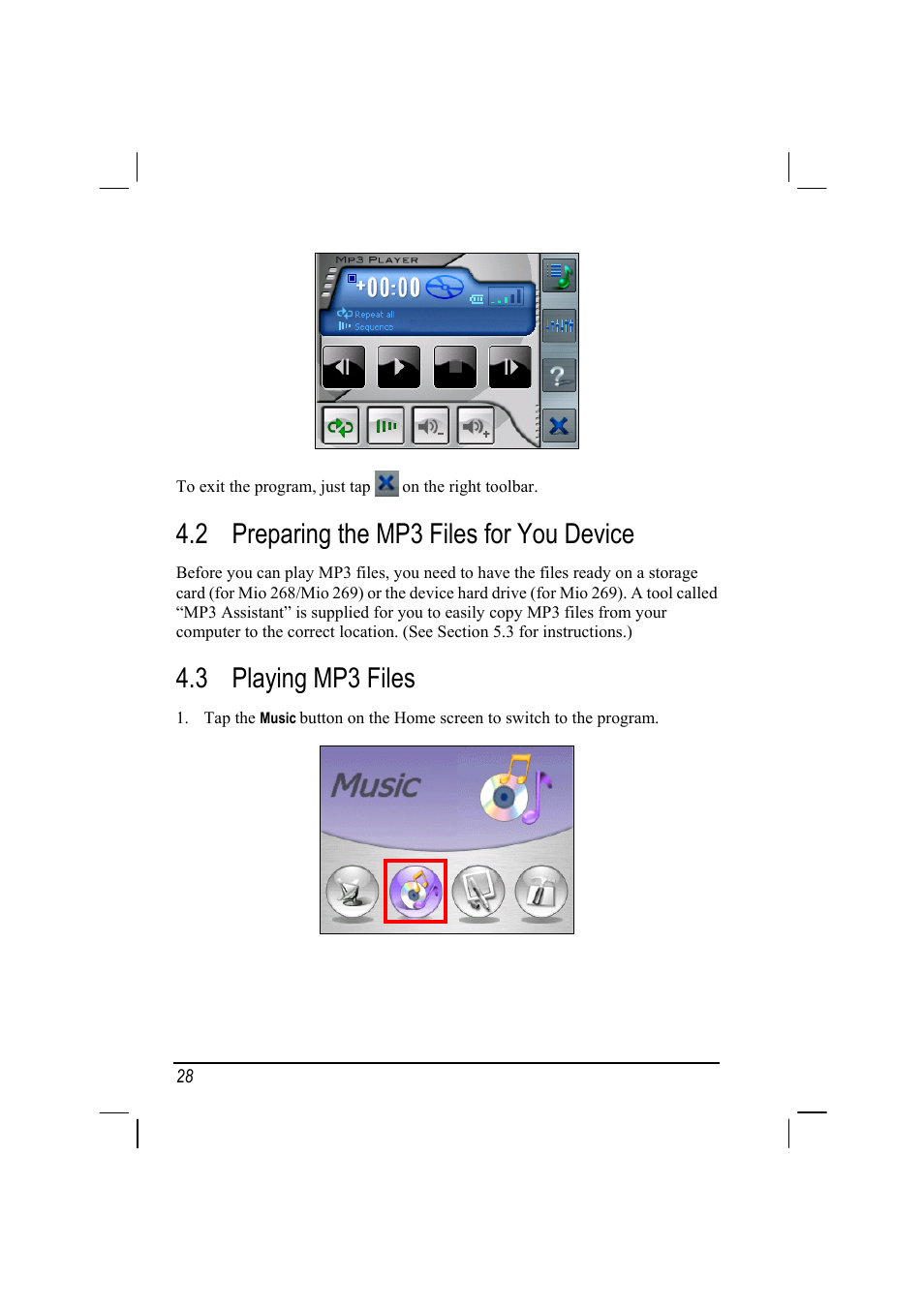 Preparing the mp3 files for you device, Playing mp3 files, 2 preparing the mp3 files for you device | 3 playing mp3 files | Mio 268 User Manual | Page 36 / 64