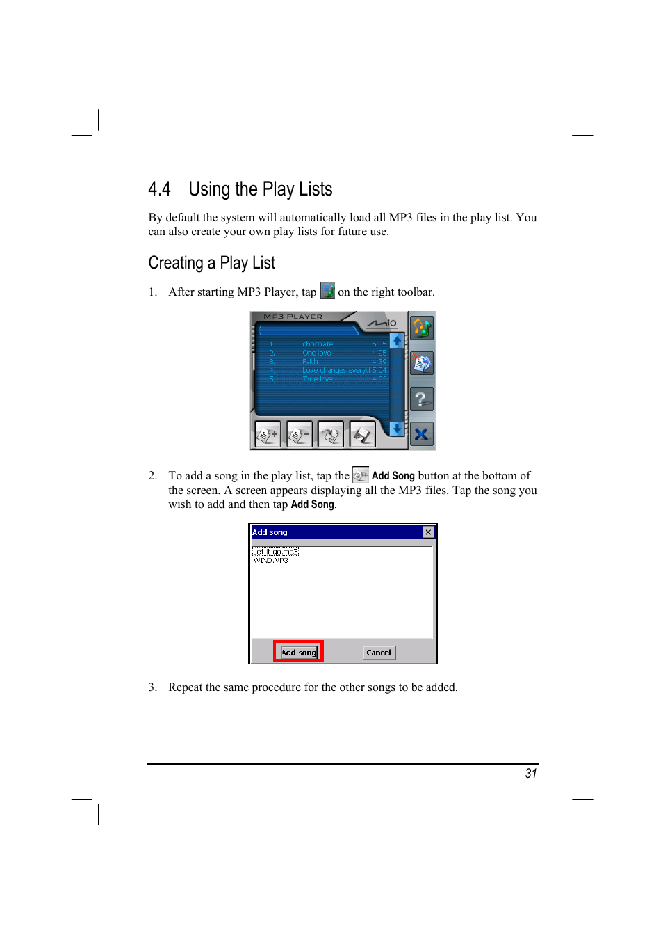 Using the play lists, Creating a play list, 4 using the play lists | Mio 268 User Manual | Page 39 / 64