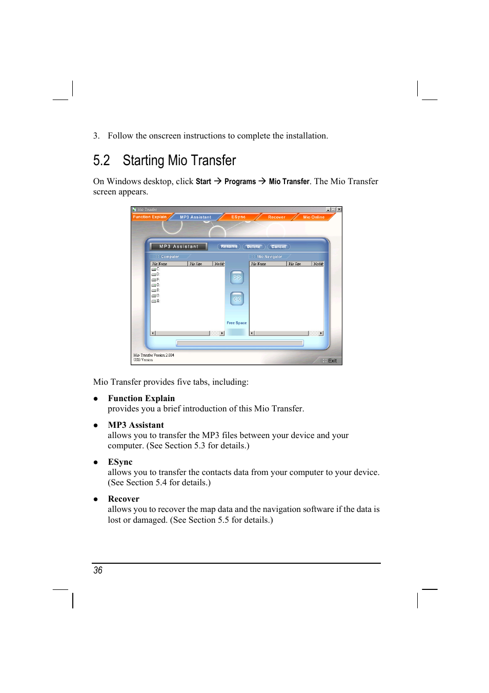 Starting mio transfer, 2 starting mio transfer | Mio 268 User Manual | Page 44 / 64