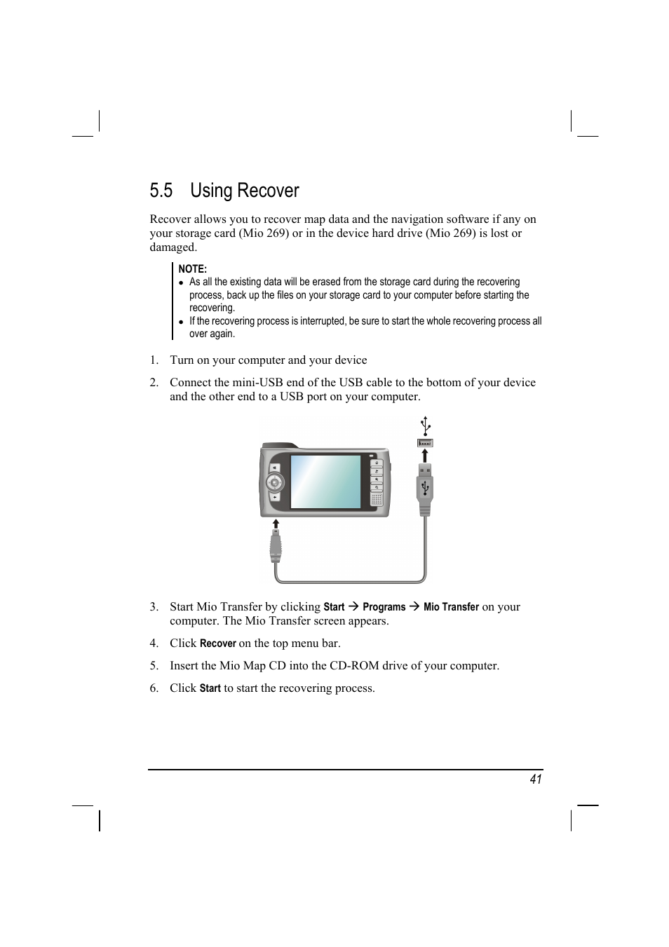 Using recover, 5 using recover | Mio 268 User Manual | Page 49 / 64