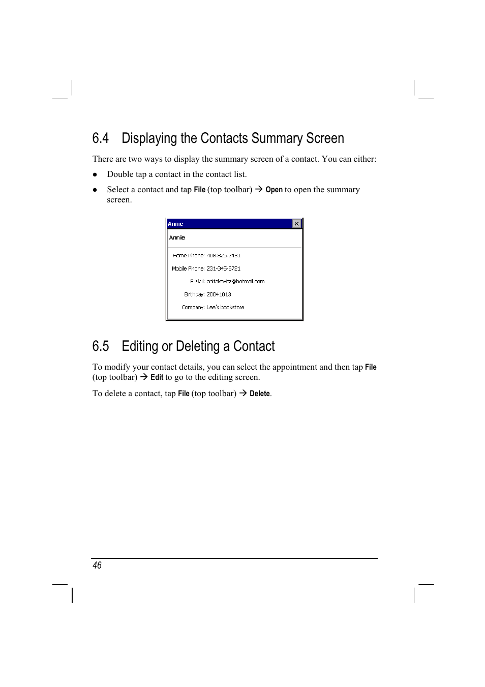 Displaying the contacts summary screen, Editing or deleting a contact, 4 displaying the contacts summary screen | 5 editing or deleting a contact | Mio 268 User Manual | Page 54 / 64