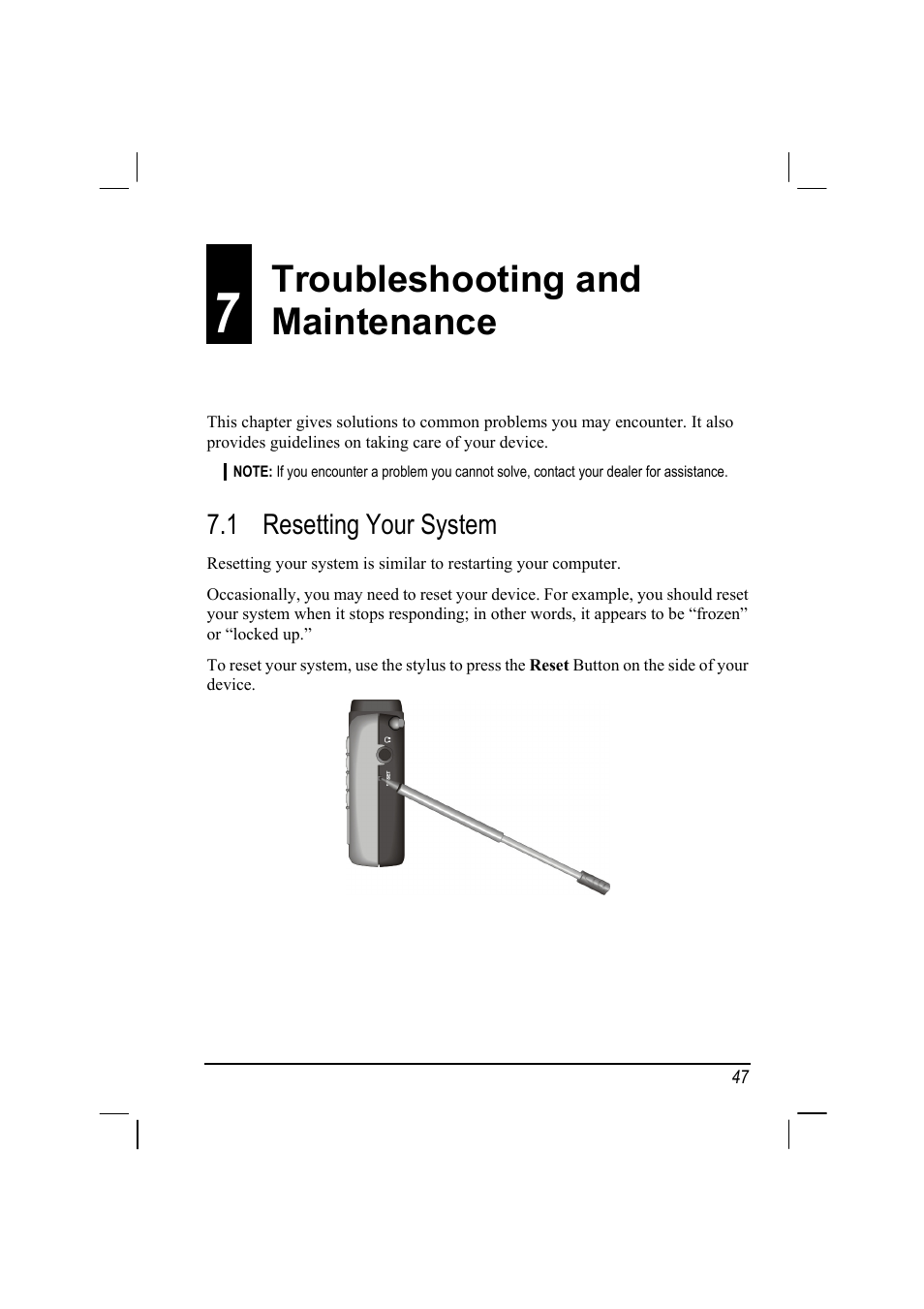 Troubleshooting and maintenance, Resetting your system, 7 troubleshooting and maintenance | 1 resetting your system | Mio 268 User Manual | Page 55 / 64