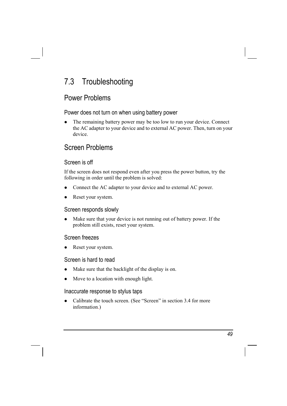 Troubleshooting, Power problems, Power does not turn on when using battery power | Screen problems, Screen is off, Screen responds slowly, Screen freezes, Screen is hard to read, Inaccurate response to stylus taps, 3 troubleshooting | Mio 268 User Manual | Page 57 / 64