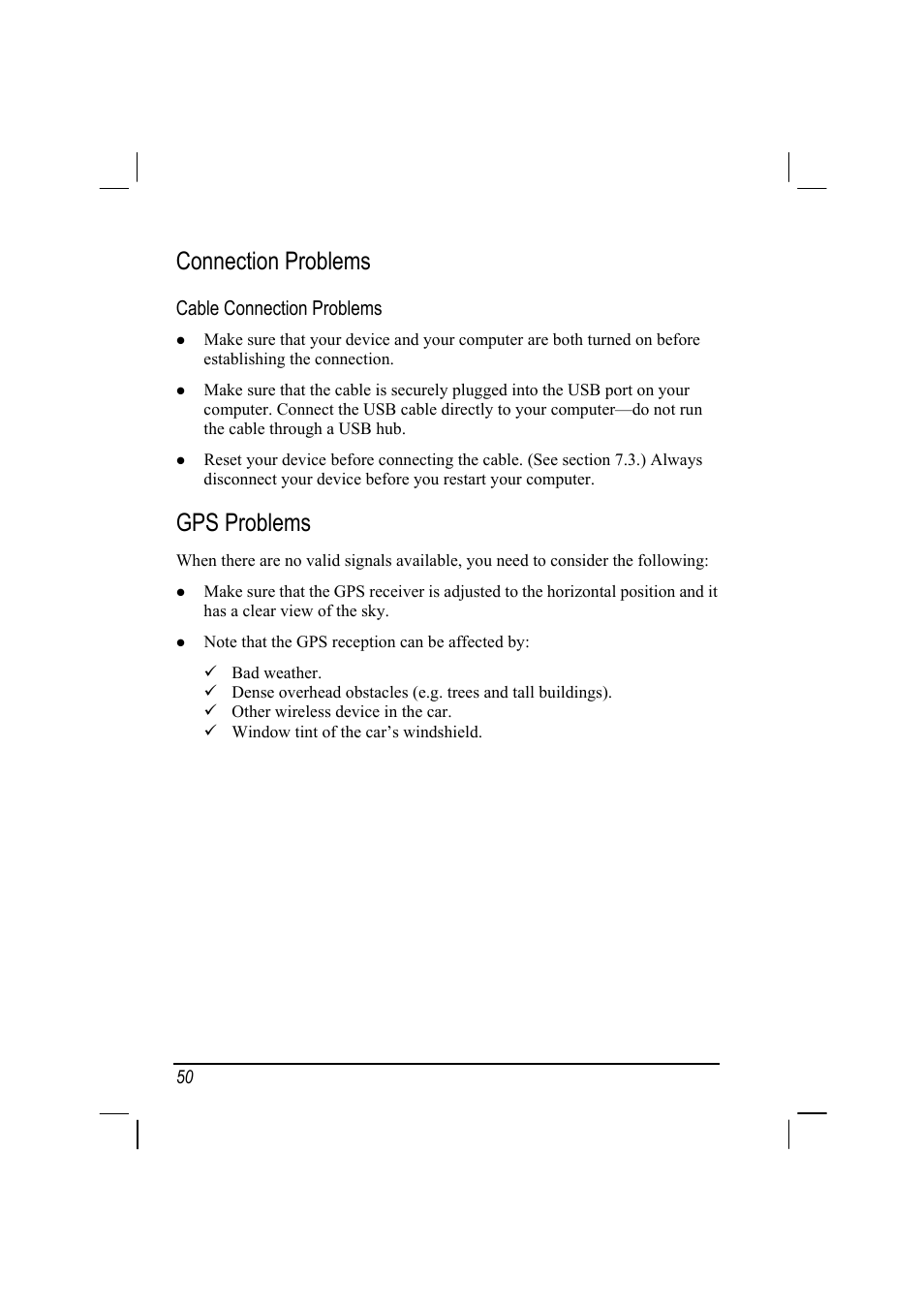 Connection problems, Cable connection problems, Gps problems | Mio 268 User Manual | Page 58 / 64